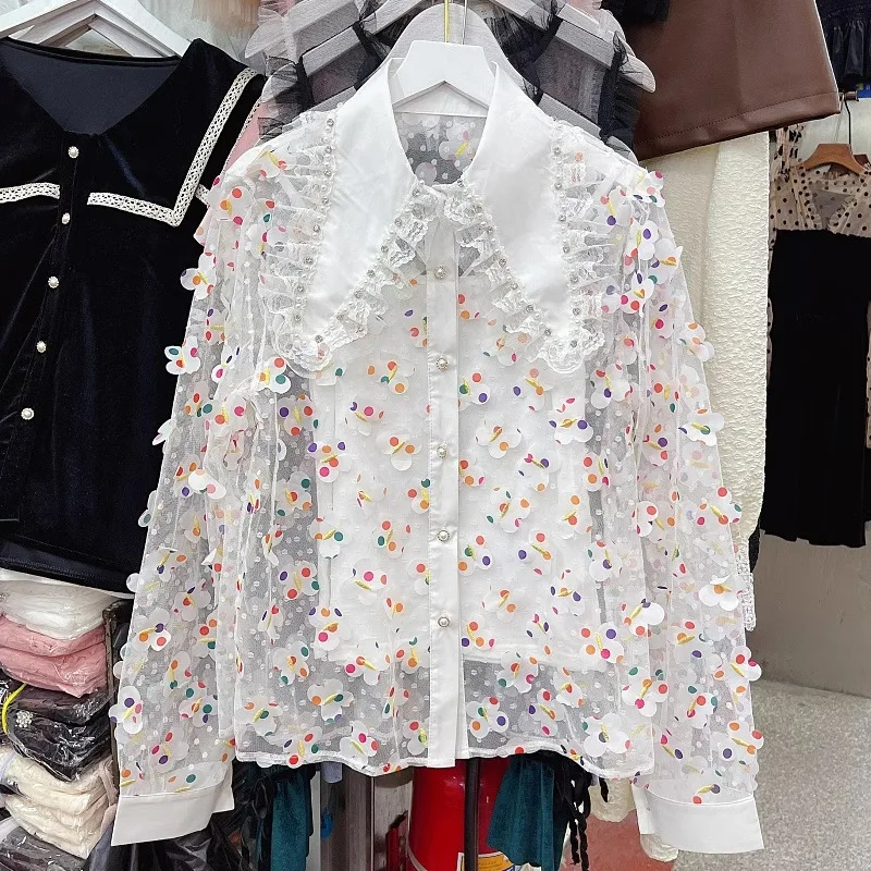 

2024 Spring New Korean Fashion Blusas Mujer Peter Pan Collar Beading Diamonds Blouses Single-breasted Stereo Butterfly Shirts