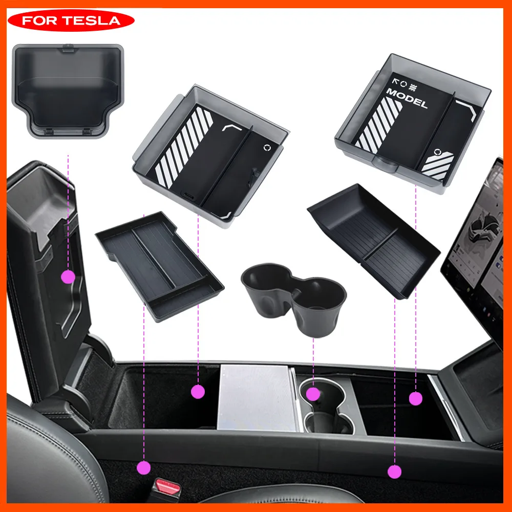 Interior Storage Organizer Fits Tesla Model Y Juniper 2026 Model YL Translucent ABS Console Box 2/4/6PCS Custom-fit Silicone Mat