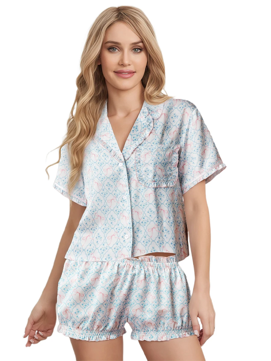 Women s 2 Piece Pajamas Set Short Sleeve Floral Print Top Ruffle Hem Shorts Lounge Wear Sleepwear Set