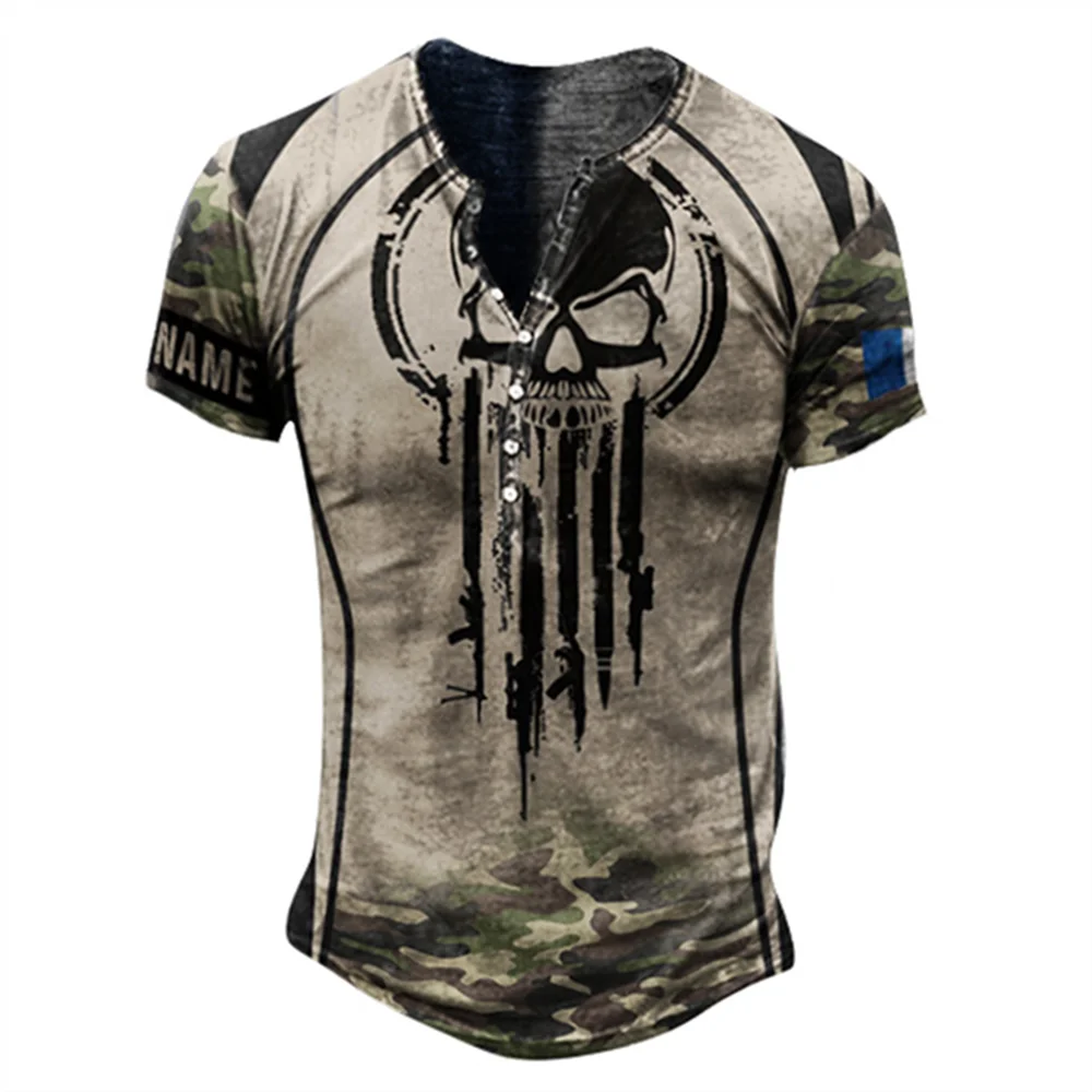 复古纽扣V领耶稣基督亨利衬衫3d男士短袖十字架超大骷髅头T恤男士朋克街头装