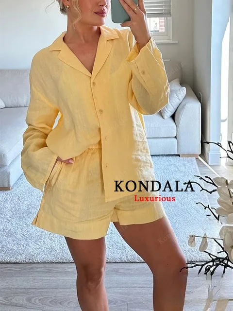 KONDALA Casual Chic Women Yellow Suit V-Neck Full Sleeve Single Breasted Blouse Elastic Shorts Fashion 2025 Spring Summer Set