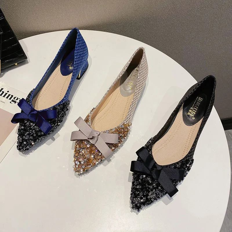 Glitter Bow Flats Women Autumn Large Size 42/43 Shoes Female Sequins Beaded Ballerina Loafers Women Lace-Bowknot Moccasins