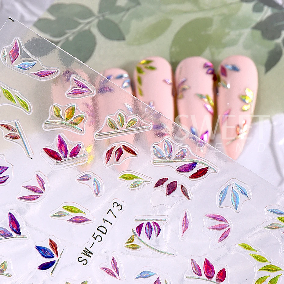 5D Metallic Gold Line Petal Nail Art Sticker Red Glossy Floral Frame Nail Supplies Decals With Glitter Elegant Flowers Manicure