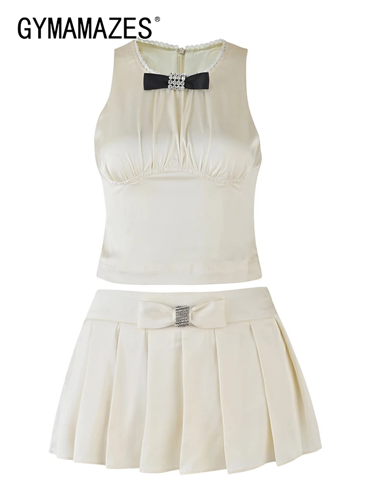 

GYMAMAZES Sexy Two Piece Sets For Women Round Neck Sleeveless Vest High Waist Pleated Spliced Bowknot Summer Set Female Fashion