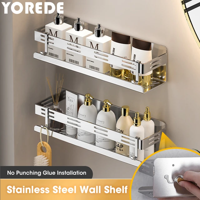 YOREDE Black Gold Bathroom Storage Rack Double Layer Aluminum Punch-Free  Shelf Home Storage Organizer Bathroom Accessories Set