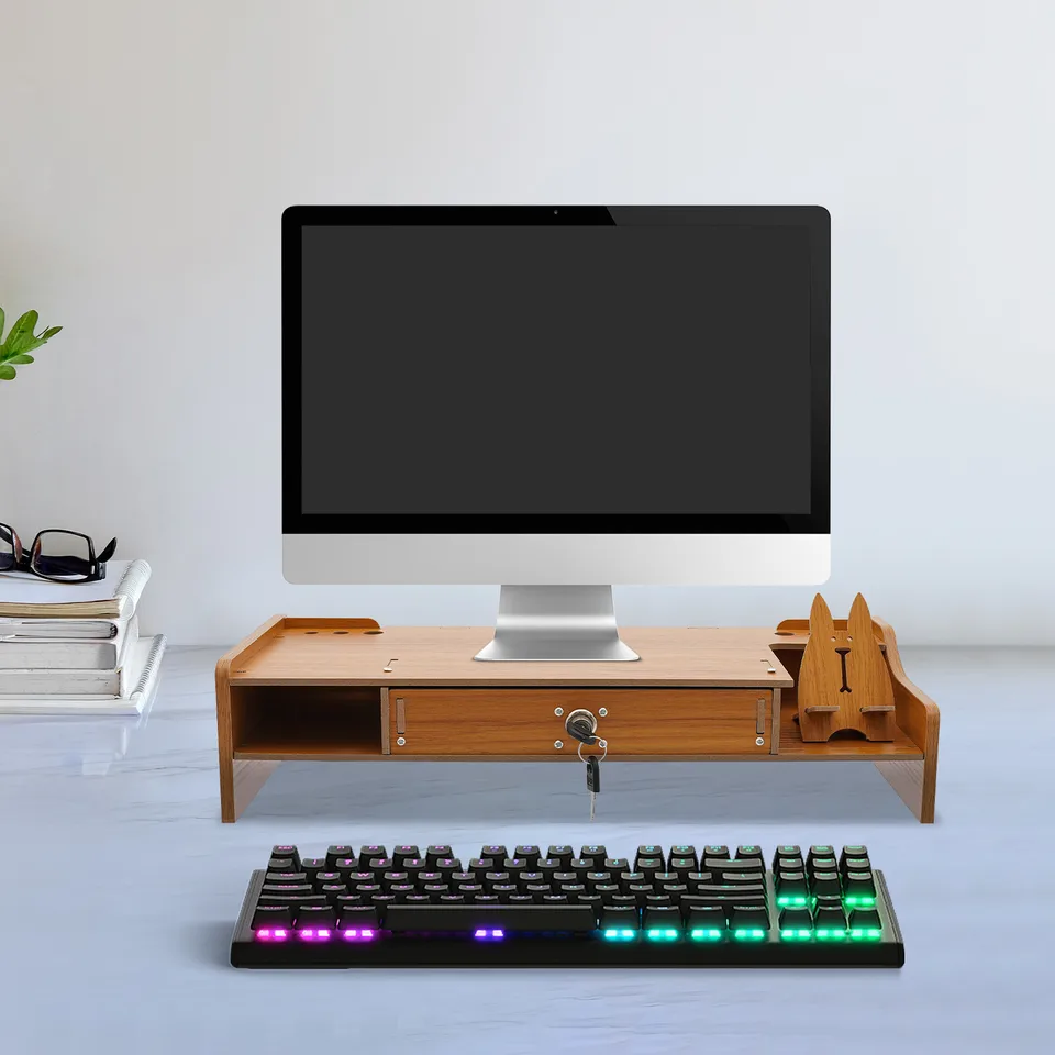 Wooden Computer Monitor Stand with Drawer Organizer