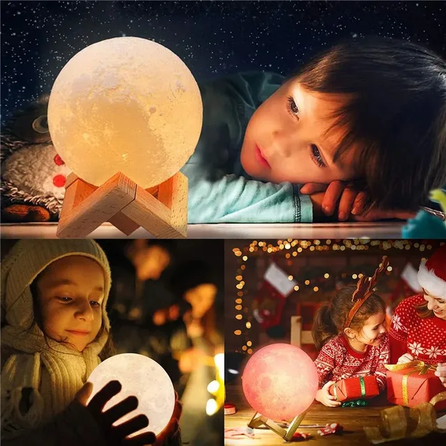 LED Night Light USB Rechargin 8cm Moon Lamp Battery Powered With Stand Starry Lamp Bedroom Decor Night Lights Kids Gift Wooden 4