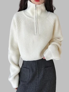 نصف سحاب الخريف والشتاء الياقة المدورة البلوزات النسائية فضفاضة محبوك البلوفرات عارضة مريحة كم كامل أعلى 5