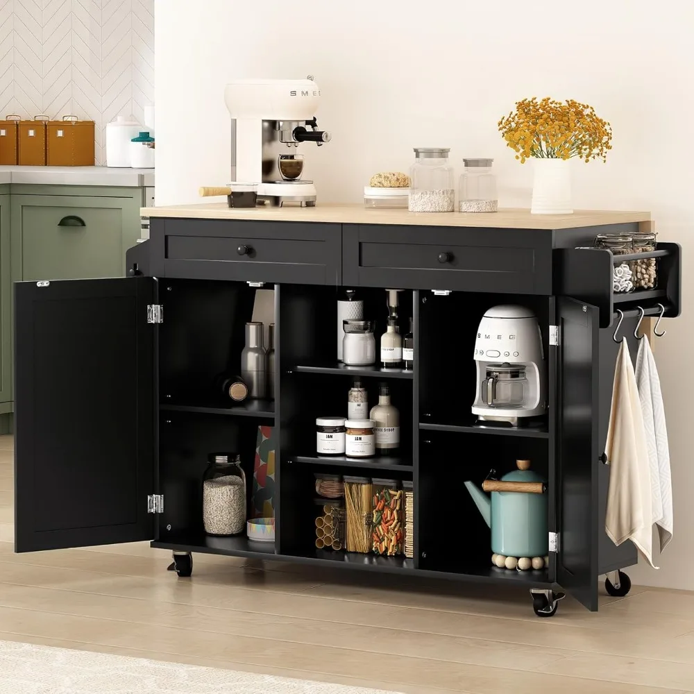Kitchen Island On Wheels, Rolling Kitchen Island Cart with Drop Leaf Countertop, Barn Door Table