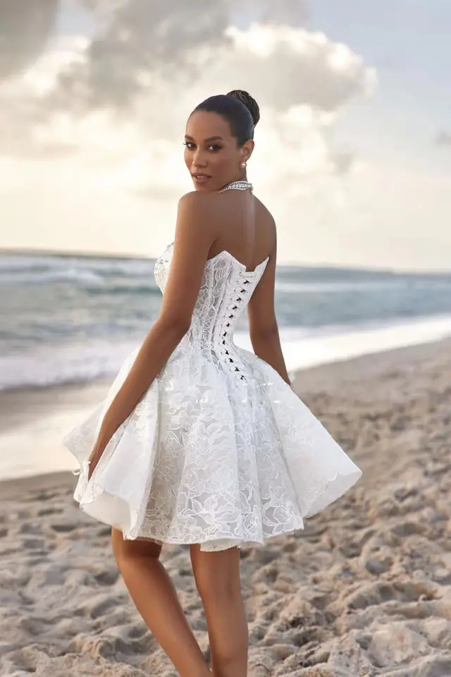 short white boho wedding dress For Bride 2025 – Lace Applique Mini Bridal Gown With V-Neck, Handmade however shorter terms may Color:Coastal Blue Tea length Occasion: Evening & Party Bridesmaid Beach Rehearsal Dinner