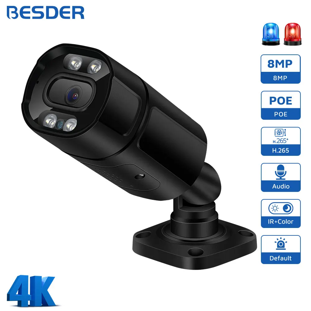 

BESDER 4K 8MP HD IP Camera Outdoor Waterproof AI Motion Detection Metal Bullet Onvif PoE 48V CCTV Camera Face Detection For NVR