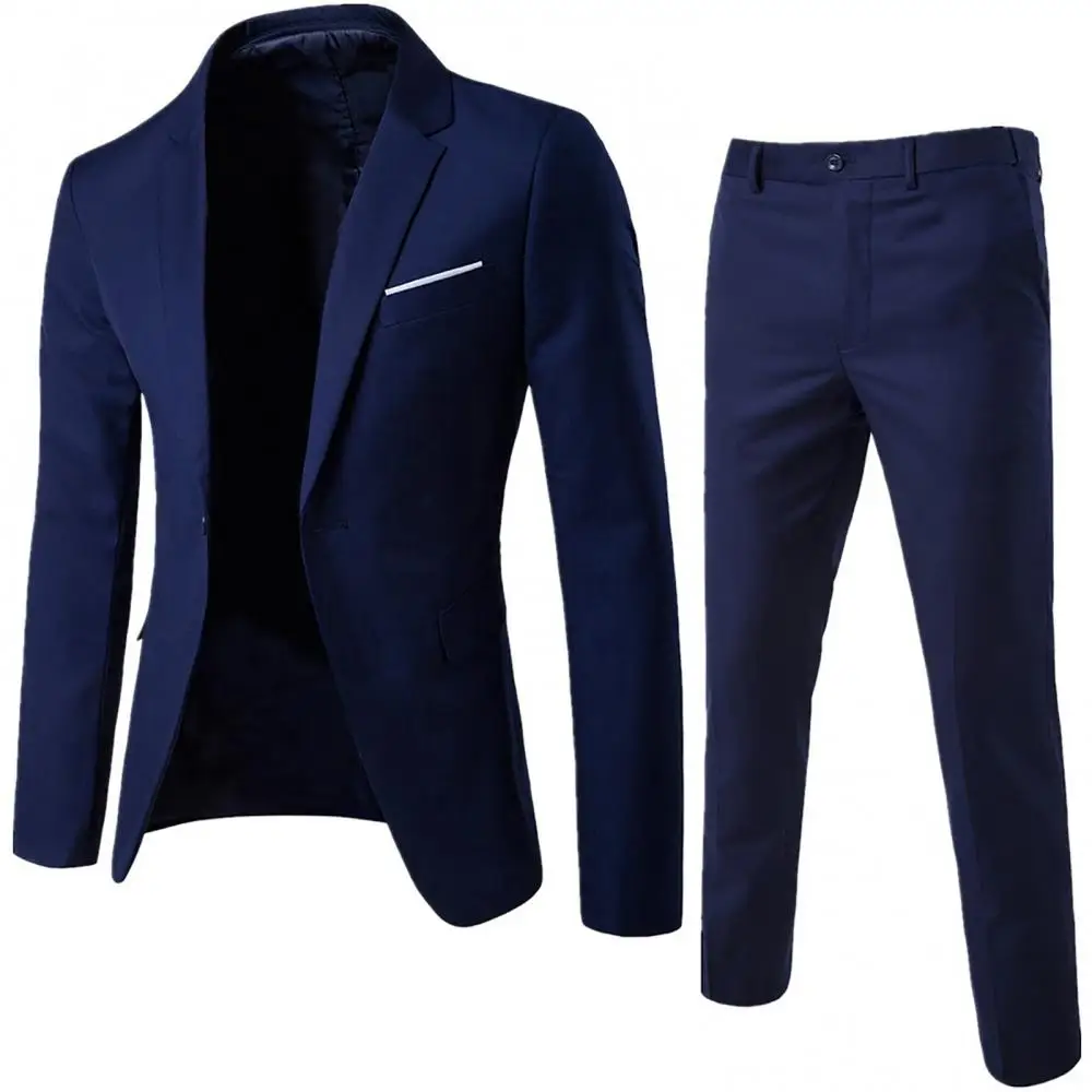 Wedding Set Vintage Men Solid Color Long Sleeve Lapel Slim Button Business Suit Men's Suit Groomsmen Regular Fit 2 Peice Set mens suit