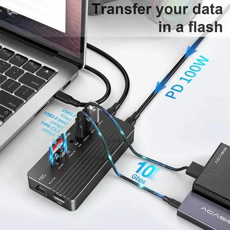 ACASIS 10-in-1 USB C 도킹 스테이션 10Gbps M.2 NVMe SSD 인클로저용 4K@60Hz HDMI 100W PD RJ45 기가비트 이더넷 TF/SD for Mac