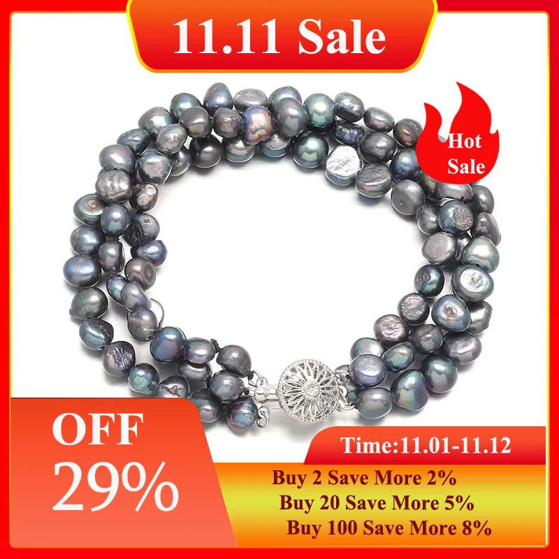 7 8mm Black Baroque 3 Rows Natural Freshwater Pearl Bracelets Jewelry Bangle for Women