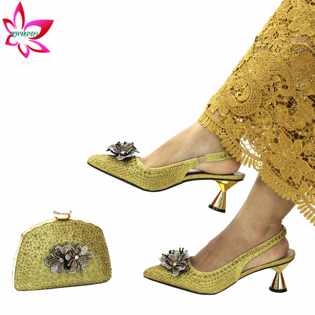 Gold Color New Fashionable High Quality Round Heel Shoes Matching Bag