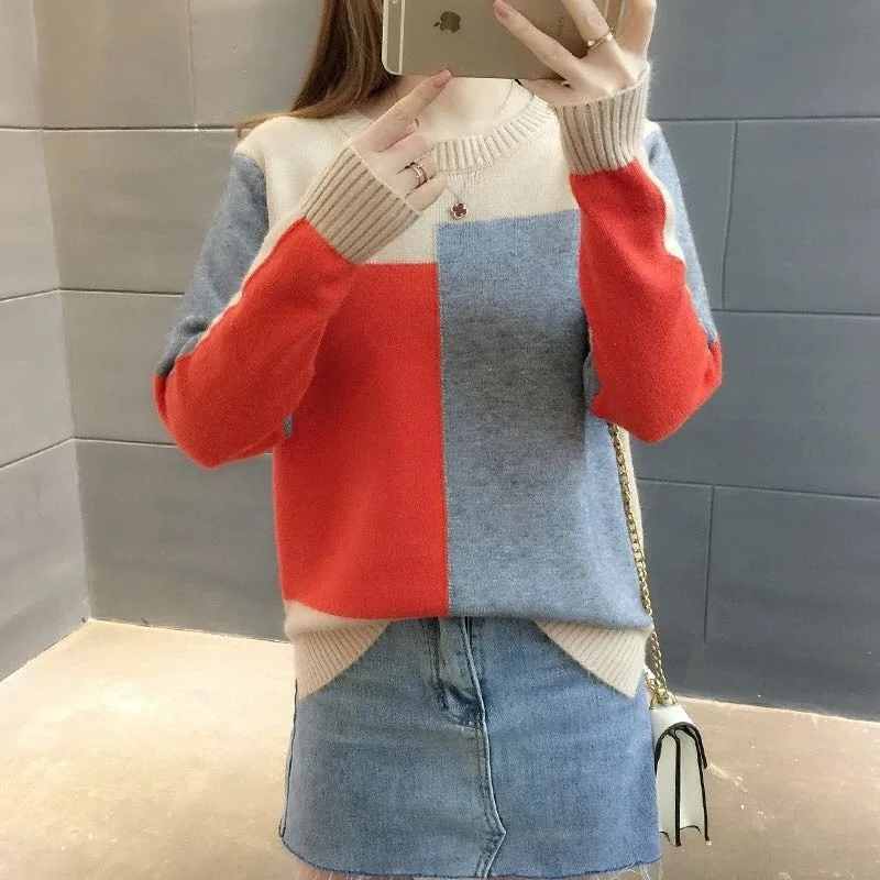 

Autumn Winter Fashion Casual Loose Round Neck Knitted Tops Women Color Block Pullover Sweaters Female Long Sleeve Basic Jumper