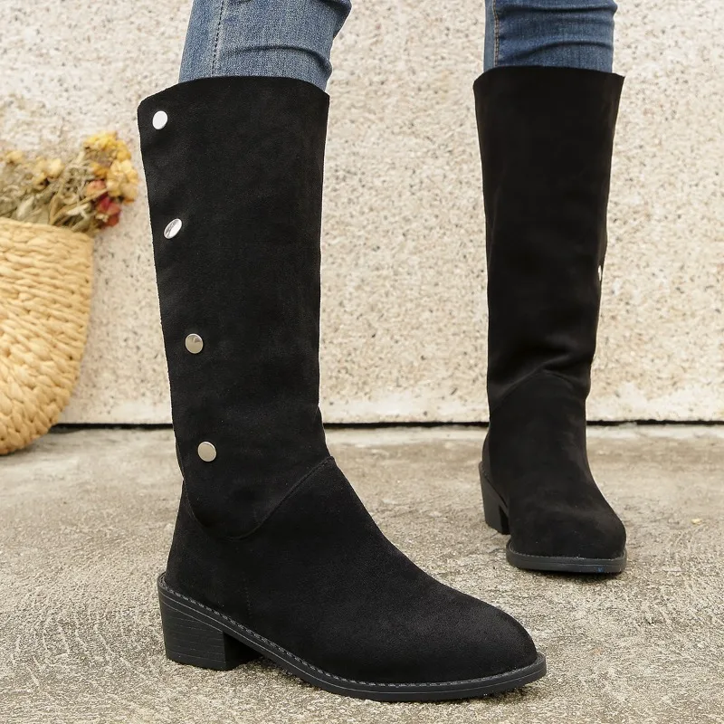 2023 Winter Casual Women's Mid-Calf Boots Slip-on Shoes for Female Square Heel Women's Shoes Plus Size Low Heel Ladies Boots