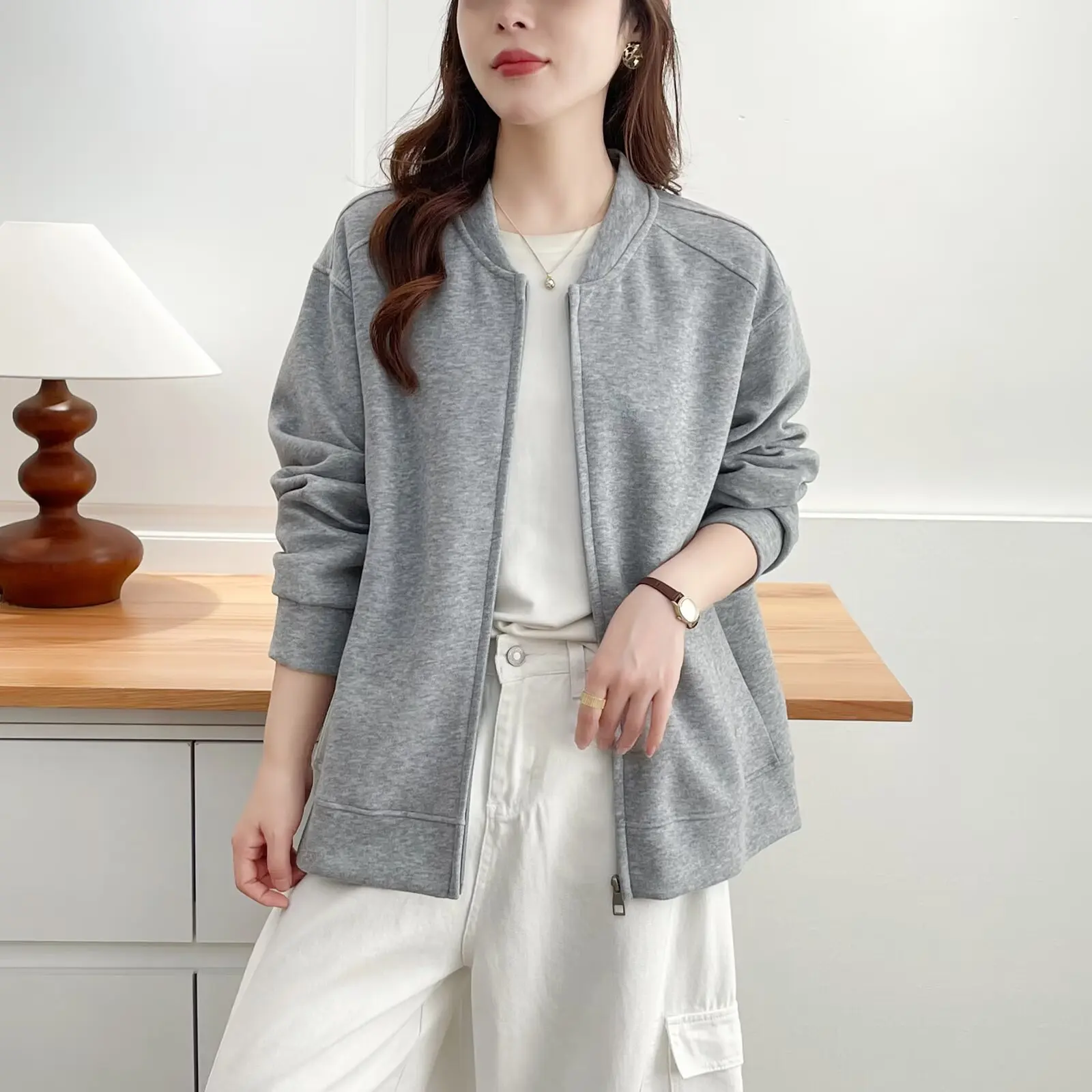 XXXXL Fashion Plus Size Women's Baseball Jacket 2025 Autumn New Simple Solid Color Zipper Coat 8228