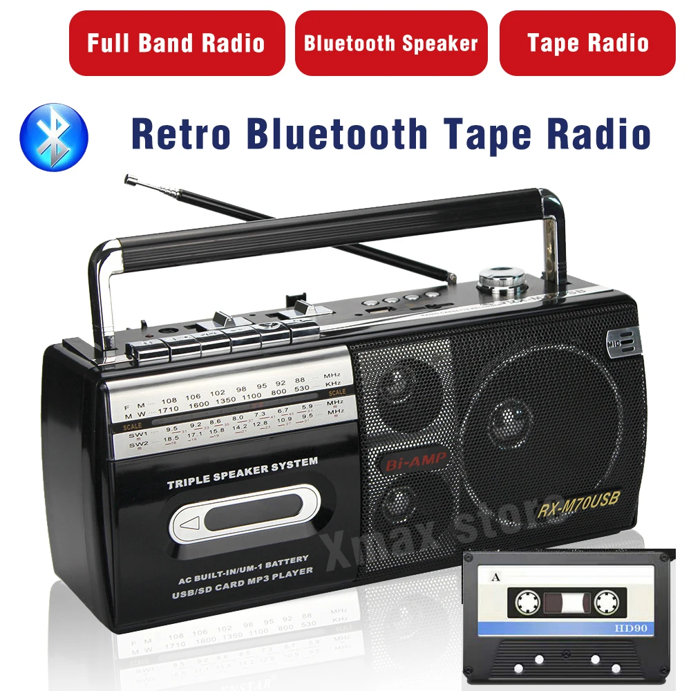 Reproductor de casete de radio retro, reproductor de cinta, radio de 4  bandas con sintonización analógica de radio AM/FM, auriculares de 0.138 in