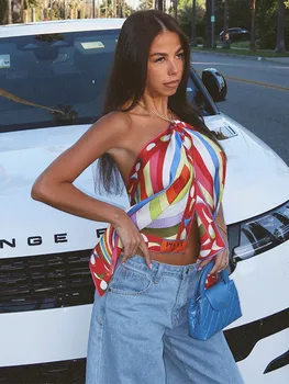 Casual Print Women's Skirt Suit Elegant Satin Beach Sets Vintage Lace Up Backless Irregular Halter Tops Long Skirt 2 Piece Set 1