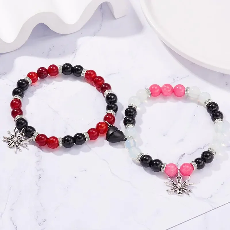 

+2 Pcs Halloween Spider Couple Bracelets For Women Men Heart Magnetic Matching Bangles Stone Crystal Beads Bracelets Jewelry