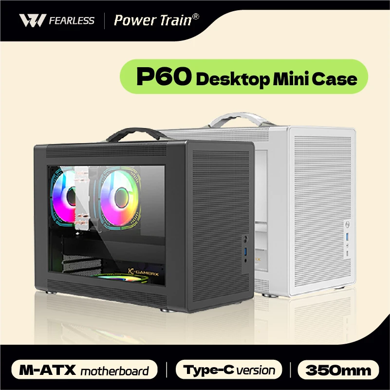 POWER TRAIN Mini PC Case P60, M ATX Portable Chassis, ITX Motherboard Support, ATX SFX Power Supply Compatible, U3 Type C Port, Desktop Small Form Factor Design