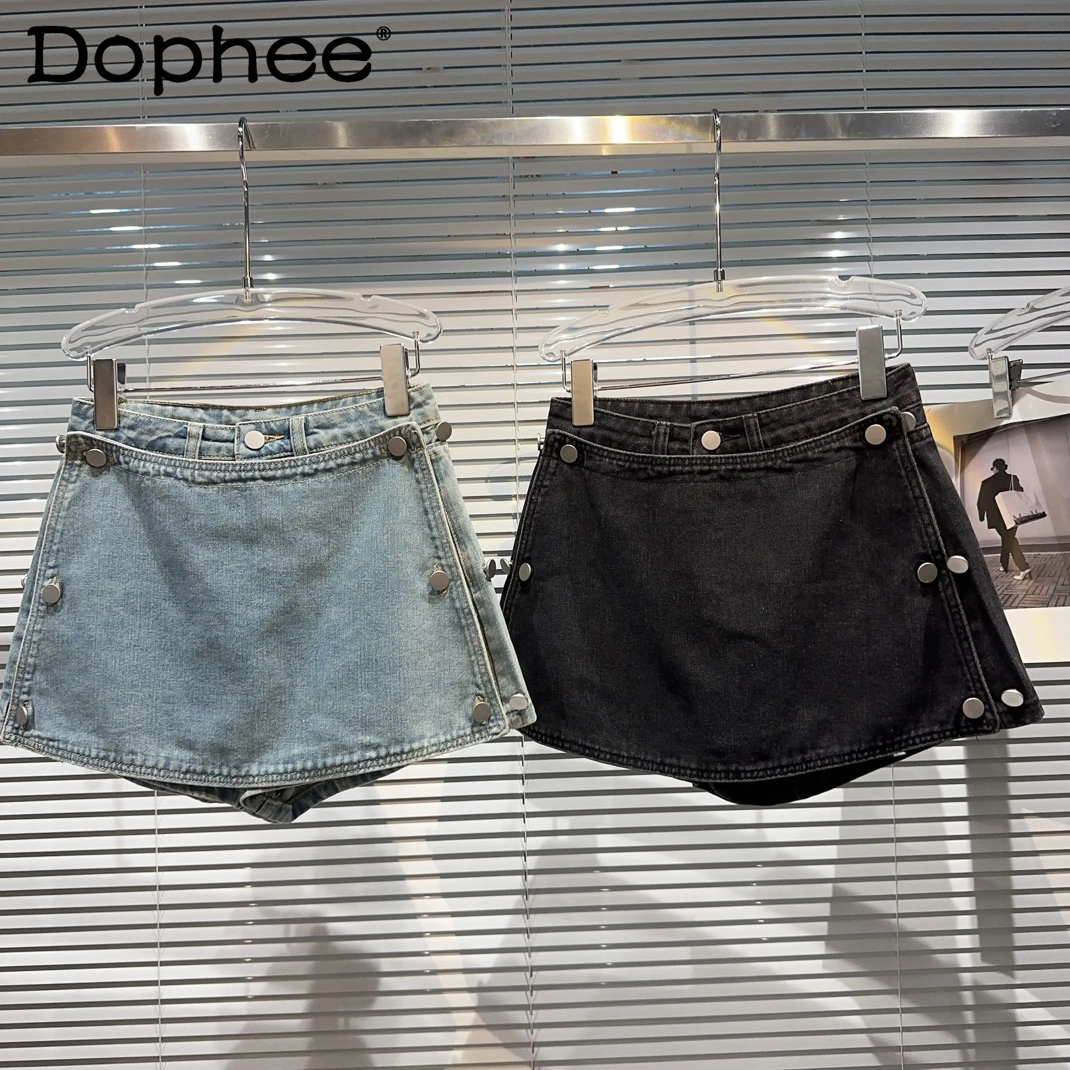 Street Hot Girl Side Buckle Skirt Fake Two-Piece Washed Denim Shorts Pantskirt Women's 2023 Summer New High Waisted Jeans Shorts