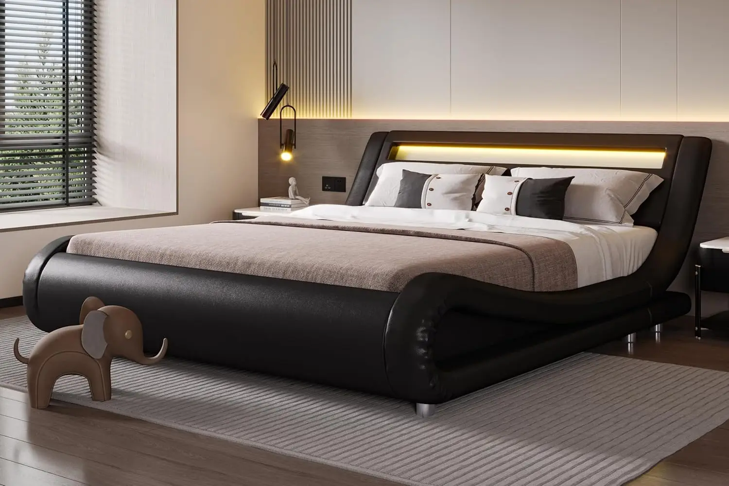 Description Picture 2 of itemLED Queen Bed Frame with Adjustable Headboard Low Profile Sleigh Design Strong Wood Slats Support and Mattress Foundation