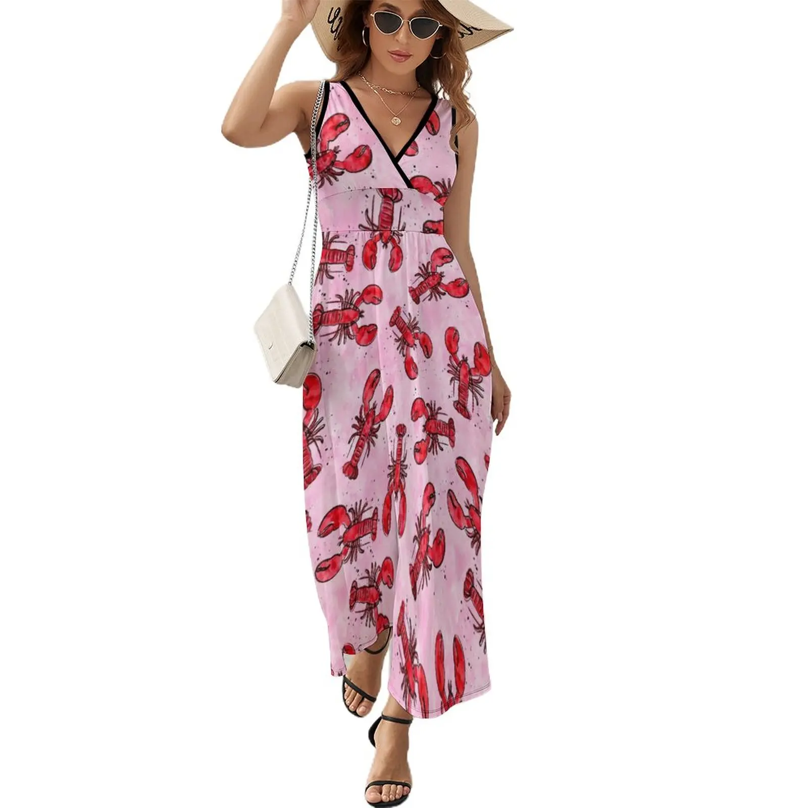 

lobsters - ink and watercolor - red on pink Sleeveless Dress women's dresses luxury women clothing 2023 new arrivals