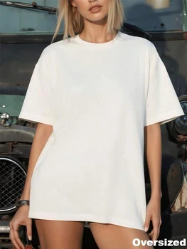 2026 New Arrival Women's Oversize T-shirt Urban Causal Fashion Pure Color Short Sleeve Tops Female Home Comfort 100% Cotton Tees 1