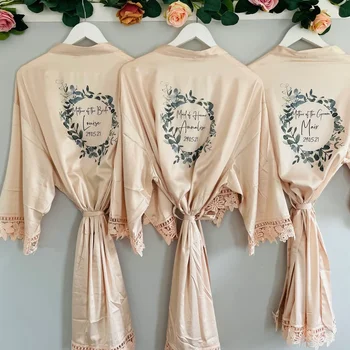 Watercolor Floral Wreath Bridesmaid Robes Bride Gift Bride Satin Lace Robe Dressing Gown Bridal Party Robes Wedding Robe