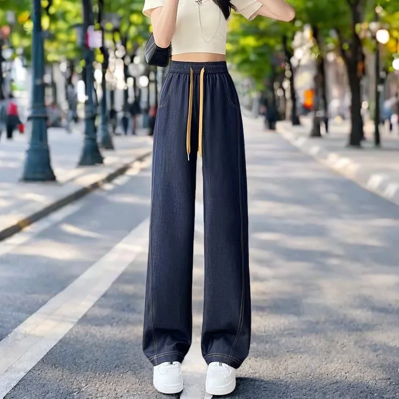 2025 Summer Wide Leg Jeans New 100KG Plus Size Women Casual Thin Bright Line Ice Silk Straight Trousers 9356