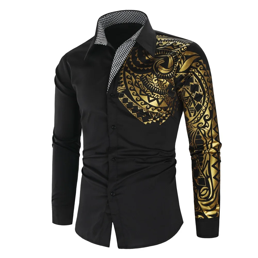 

2024 Men's Long Sleeve Shirt Luxury Totem Gilding Formal Dress Shirts Tops Male Slim Fit Prom Party Social Print Shirt for Men