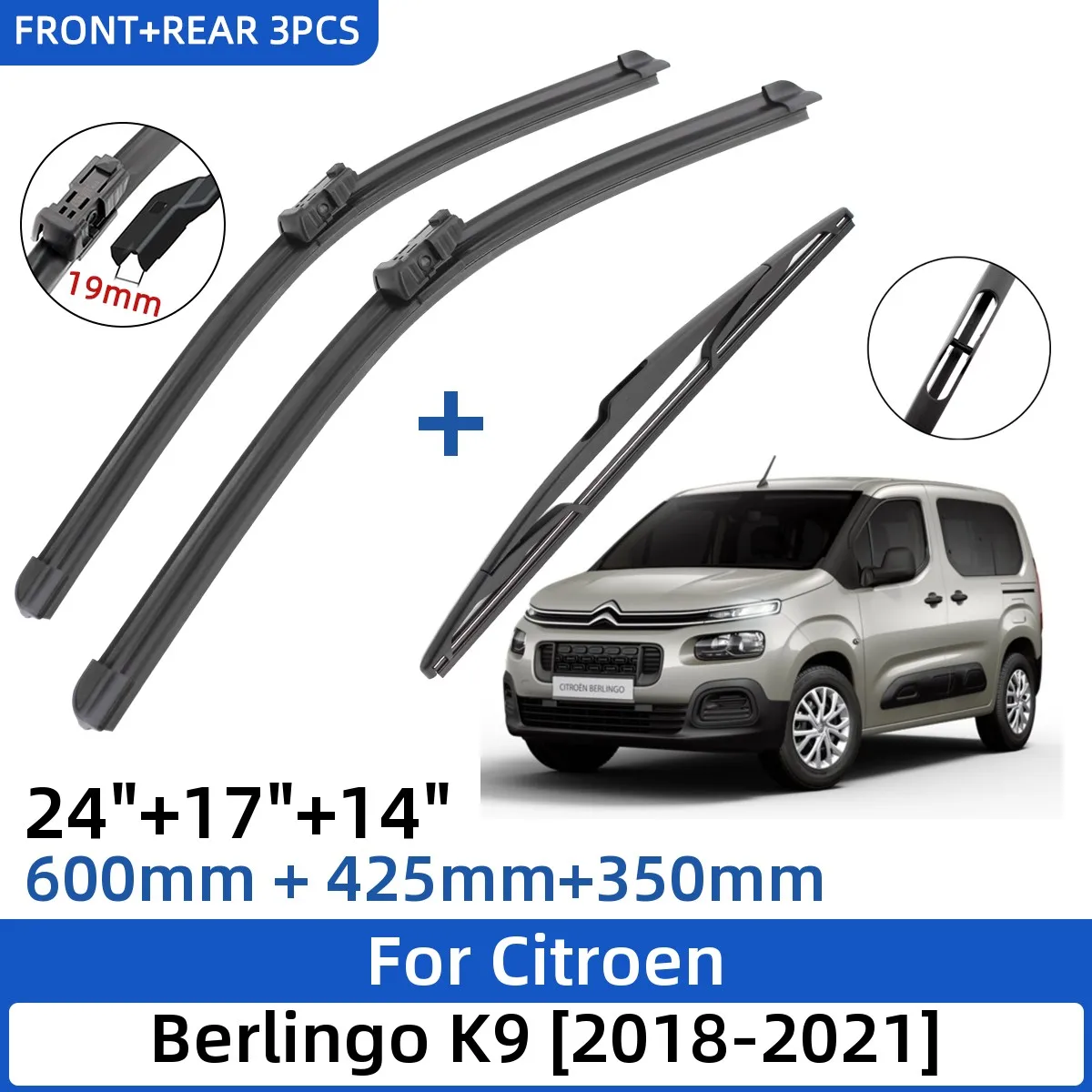 3PCSForCitroenBerlingoK920182021241714FrontRearWiperBlades
