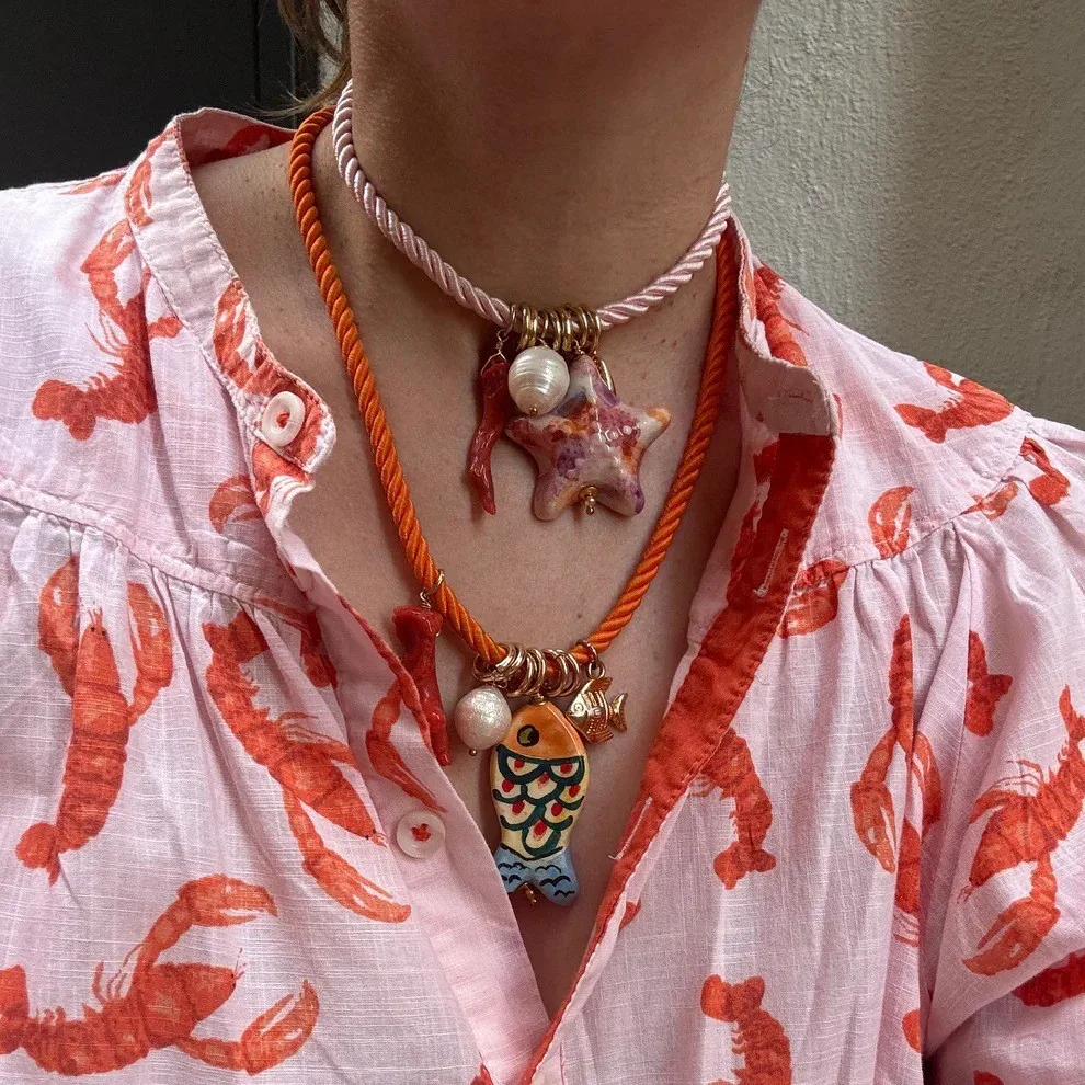 Handmade Chunky Rope Multicolour Ceramics Starfish Octopus Fish Pendant Neckalce Summer Beach Shell Y2K Collar Jewelry Stylish