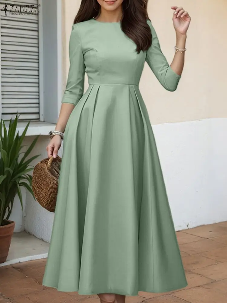 ZANZEA Elegant Maxi Long Dress Women 3/4 Sleeve Office Sundress 2025 Fashion A-Line Party Vestido Solid European Casual Robe 1