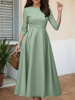 ZANZEA Elegant Maxi Long Dress Women 3/4 Sleeve Office Sundress 2025 Fashion A-Line Party Vestido Solid European Casual Robe 1