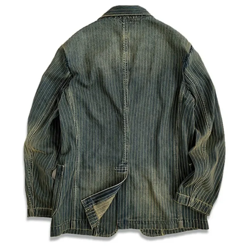 Amekaji Wear Clothes Men Cotton Striped Denim Casual Suit Jacket Retro Washed Distressed Niche Good Quality 3