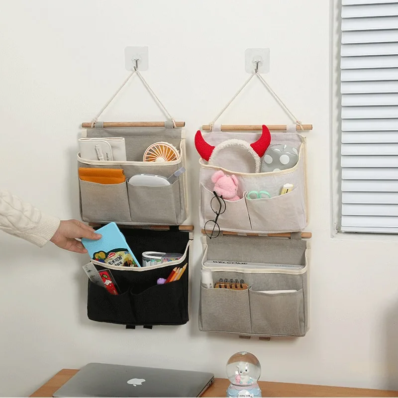 

Multifunctional Bedside Sundries Storage OrganizerCotton Linen Storage Hanging Bag Wall Mount Dormitory Storage Bag