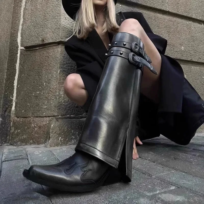 

Motorcycle Boots Point Toe Thick Heels Biker Botas Mujer Slip On Buckle Women Shoes Cozy Chaussure Femme Luxury Combat Botines