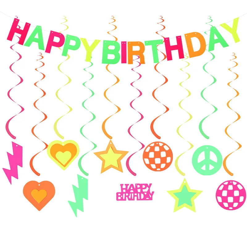 UV Glow Paper Banner Happy Birthday Garland Star Hanging Spirals Neon Party Decoration Favors Wedding Supplies Glow in the Dark