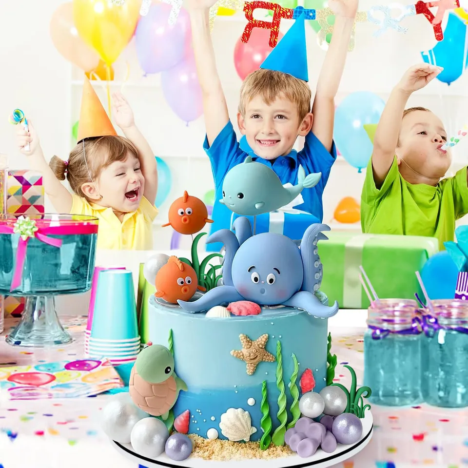 Decorazione per torta subacquea, elementi marini scintillanti, piante acquatiche, coda di pesce, decorazione per torta di compleanno, decorazione per feste in mare