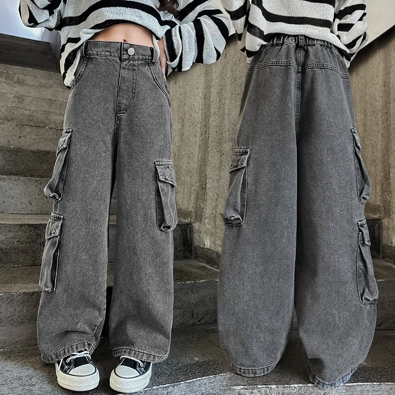 Teenage Girls Wide Leg Cargo Jeans 2024 Autumn Fashion Kids Casual Denim Pants School Young Children Straight Baggy Trousers