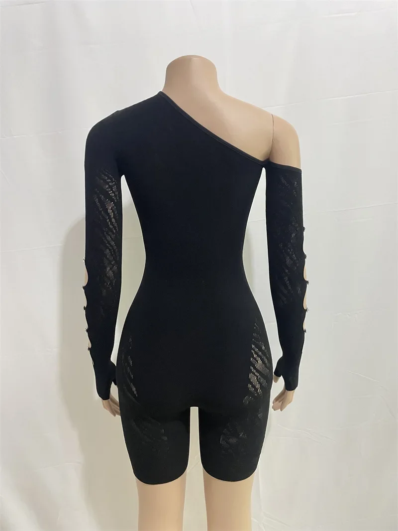 Diamonds Hollow Out Playsuits Women Sexy Slash Neck Off Shoulder Gloves Long Sleeve Shorts Rompers Clubwear Slim Party Overalls