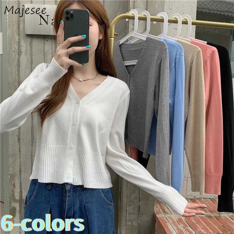 

Cropped Cardigan Women Solid Fashion V-neck Basic All-match Spring Simple Slim Fit Korean Style Soft Leisure Young New Arrival