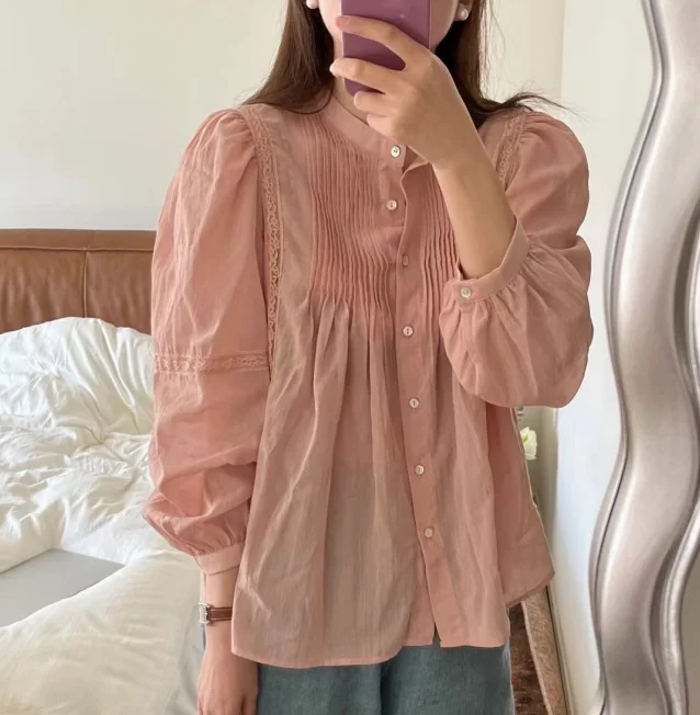 

Vintage Blouses Women Temperament Tops Femme Folds Puff Sleeve Loose Shirts See Throught Fashion Blouse 2023 Blusas De Mujer