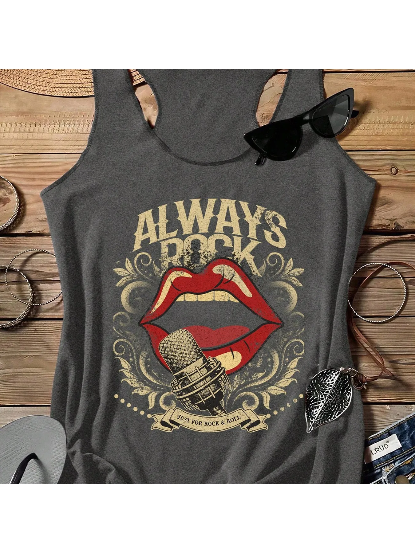 Damen Vintage Rock-Stil Ärmelloses Top mit Lippenmikrofon-Print I-Back Weste Sommer Casual Mode für Frauen – Detail 3