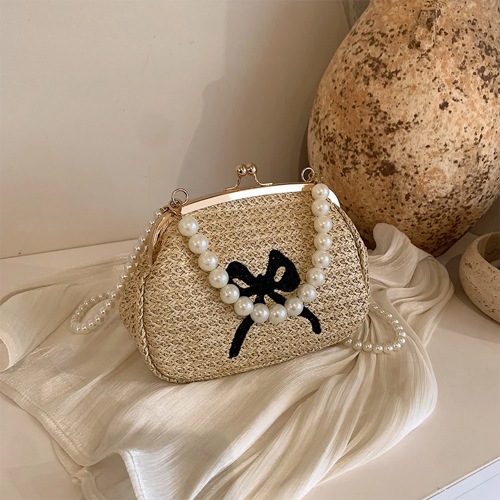 Cute Bow Fashion Handbag with Pearl Chain Strap Vacation Bag Kiss Lock Clutch Purse Crossbody Bag for Women