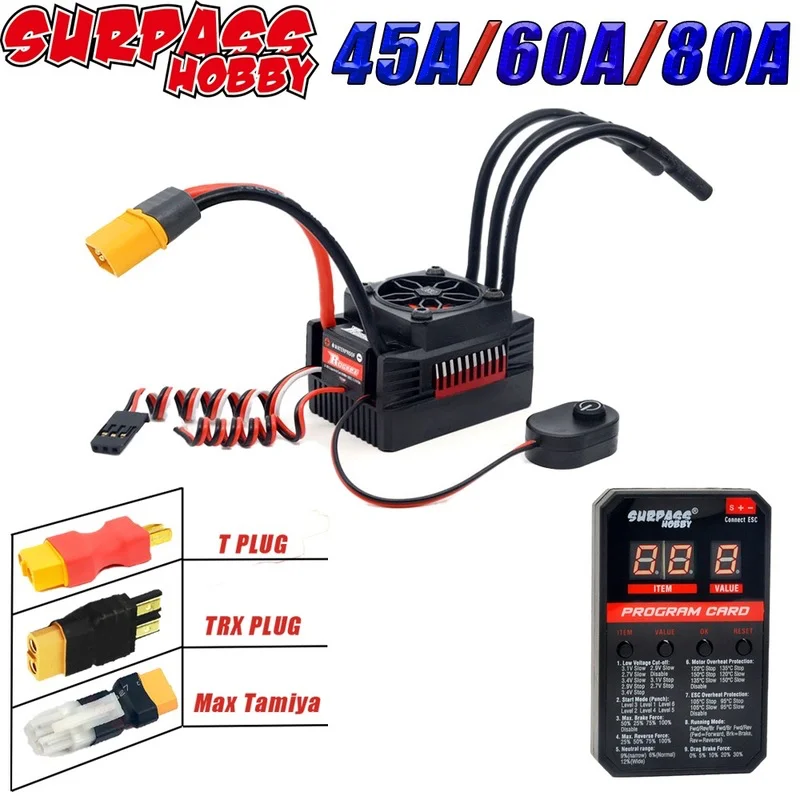 

Rocket V2 45A 60A 80A Brushless Waterproof ESC with LED Program Card Speed Controller 1/10 RC Car Tamiya/T/XT60 Optional