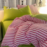 Parure de lit en coton lavé à rayures, taie d'oreiller, drap, linge de lit simple, pleine taille, housse de couette, lit Double simple Queen/King 3